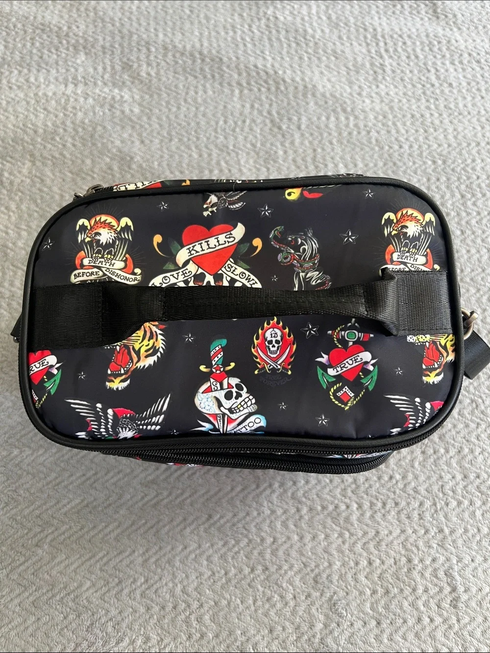 NWT Ed Hardy Rhinestoned Black Tattoo Print Insulated Lunch Tote Shoulder Bag